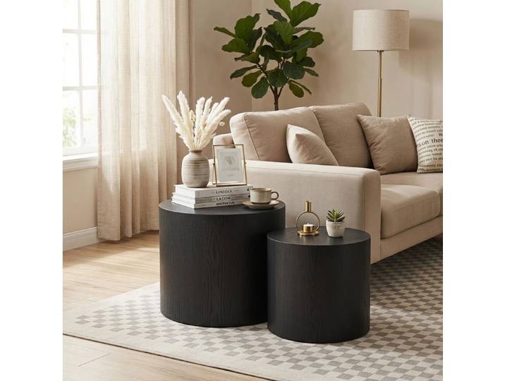 WOVREO Lot de 2 tables gigognes rondes en MDF noir pieds antidérapants sans montage