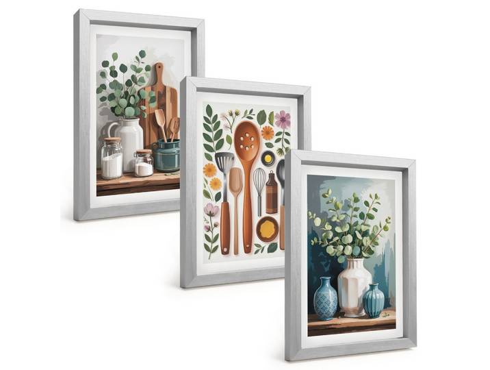 BILDER SET 3er Set - 20x30 cm Silberner Rahmen - Küchenaccessoires auf pflanzlicher Basis