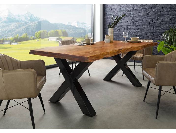 Baumtisch Akazie 200x100x77 Akazie natur lackiert / X-Beine anthrazit glänzend FREEFORM 5