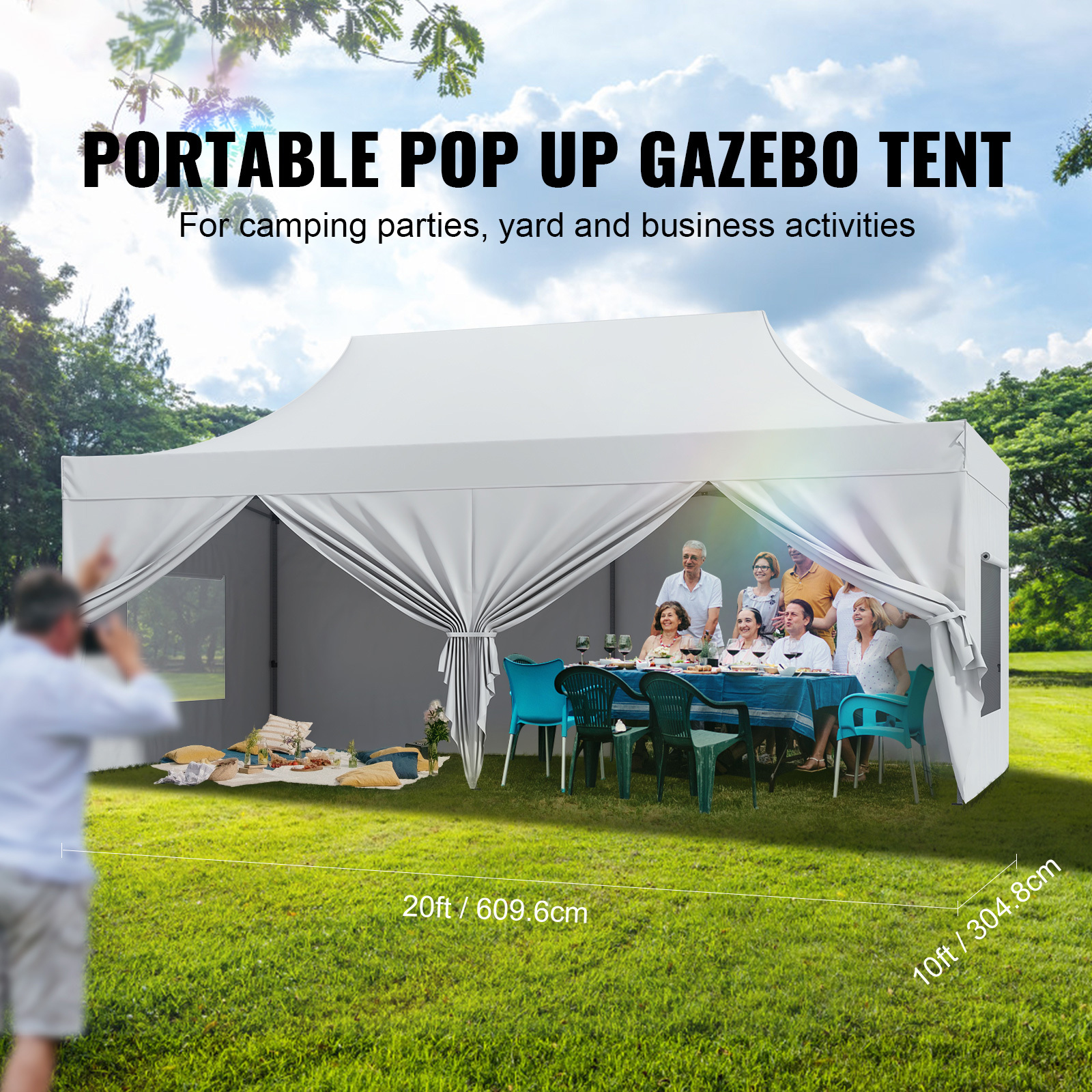 Pavillon 304,8x609,6x320cm Gartenzelt 500D PolyurethanSilber-Gewebe Faltpavillon höhenverstellbar inkl. Aufbewahrungstasche Partyzelt 12-16 Personen Pop up Zelt Gartenpavillon für Campingausflug