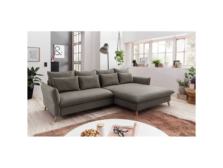 Ecksofa Sketty Grau/Lehm Microfaser 274 x 88 x 170cm Longchair davorstehend rechts Bettkasten/Schlaffunktion Modern