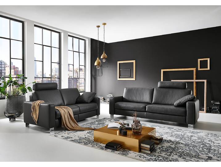 Polstergarnitur SC Vital 3-2,5 Schwarz Echtleder Viera 214 x 85 x 95cm Funktion rechts Kopfstütze verstellbar Modern