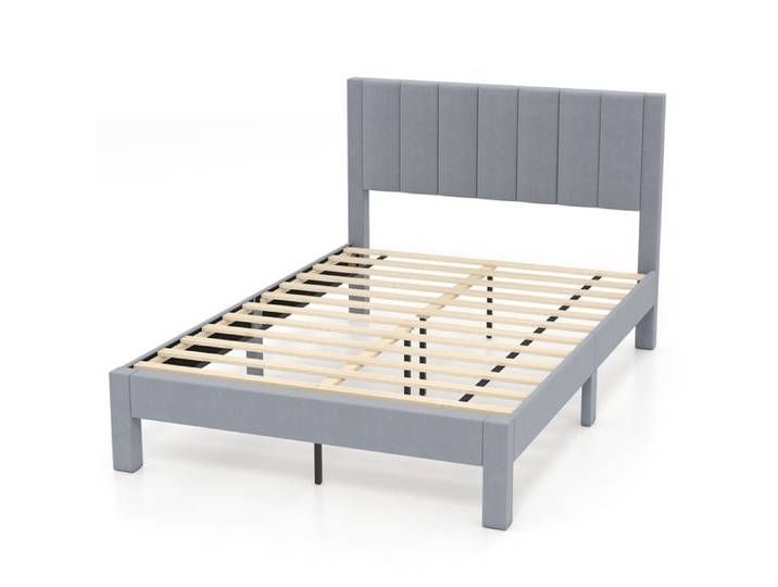 GIANTEX Lit 140 x 200cm - Cadre de Lit 2 Personnes - Tête de Lit - Tissu en Velours - 12 Lattes - Pieds en Bois de Caoutchouc -