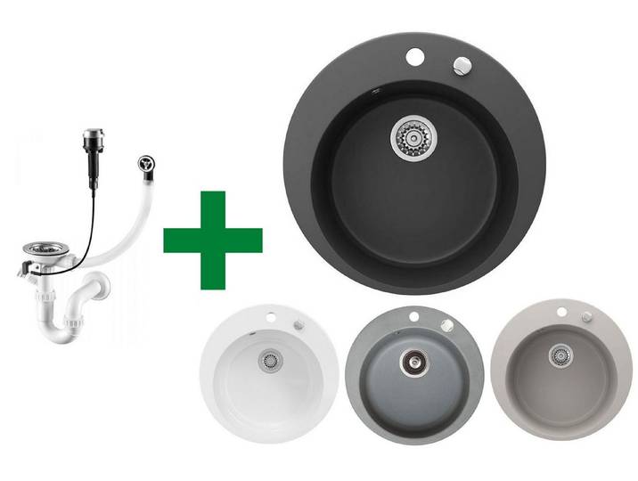 Faizee Möbel Granitspüle Granitspüle Einbauspüle rund Spülbecken+Drehexcenter+Siphon 49cm, Rund