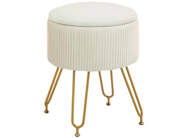 HOMCOM Sitzhocker mit Stauraum 2-in-1 mit Deckel Ø40 x 48 cm Cremeweiß Runder Hocker, Fußhocker, Beistelltisch, Polsterhocker mit Samtoptik, Stahlbeine