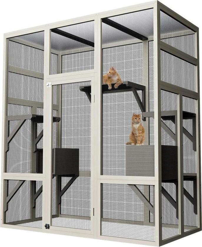 Großes Outdoor-Katzengehege - Begehbares Katzenhaus - Ca. 178 cm hoch - Wasserdicht - UV-geschützt - Mehrstöckig - 2 Ruheboxen - Holz - Grau