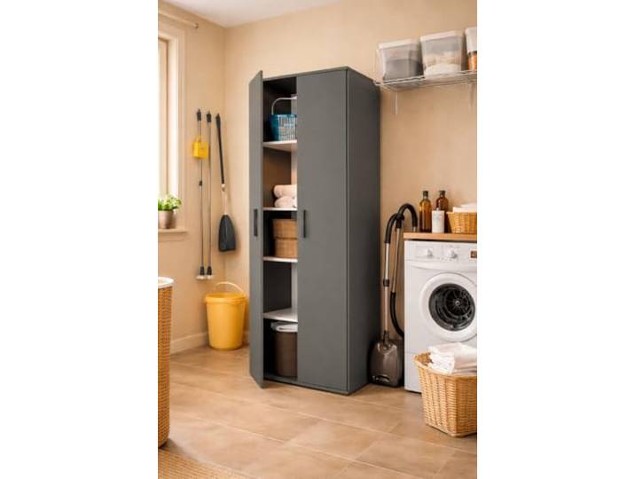 Happy Babies Utility-Schrank 60 cm Weiß Vorratsschrank für Staubsauger, Mopps & Reinigungsmittel 176 cm hoch – Laminierte 16 mm Platte, Mattes ABS-Finish (Graphit)