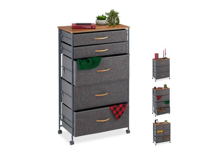 Relaxdays Schubladenschrank Grau mit Rollen, Anthrazit, Metall, 58x96.5x30 cm, Kleinmöbel, Kommoden, Kommoden