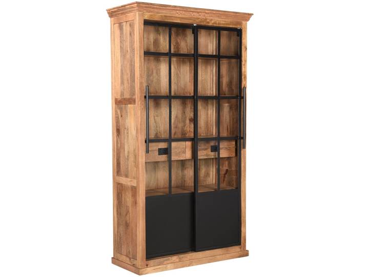 Vitrine Industrial Style HOXT Schiebetüren massiv Mangoholz & Eisen