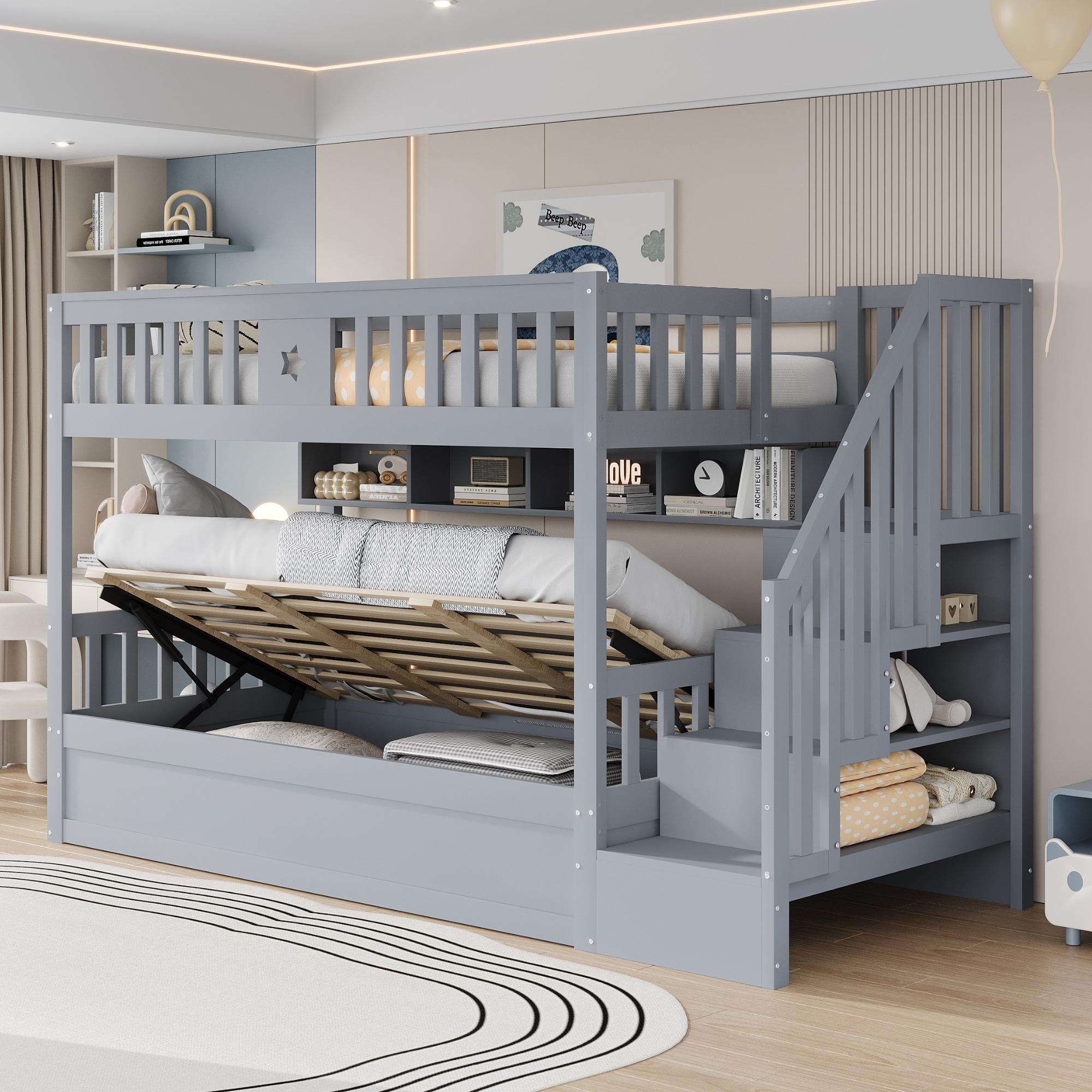 Flieks Etagenbett 90x200cm mit Regal, Hydraulisches Kinderbett mit Stauraum, Hochbett Stockbett mit Rausfallschutz und Lattenrost, Grau