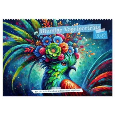 Blumige Vogelporträts (Wandkalender 2027 DIN A2 quer), CALVENDO Monatskalender