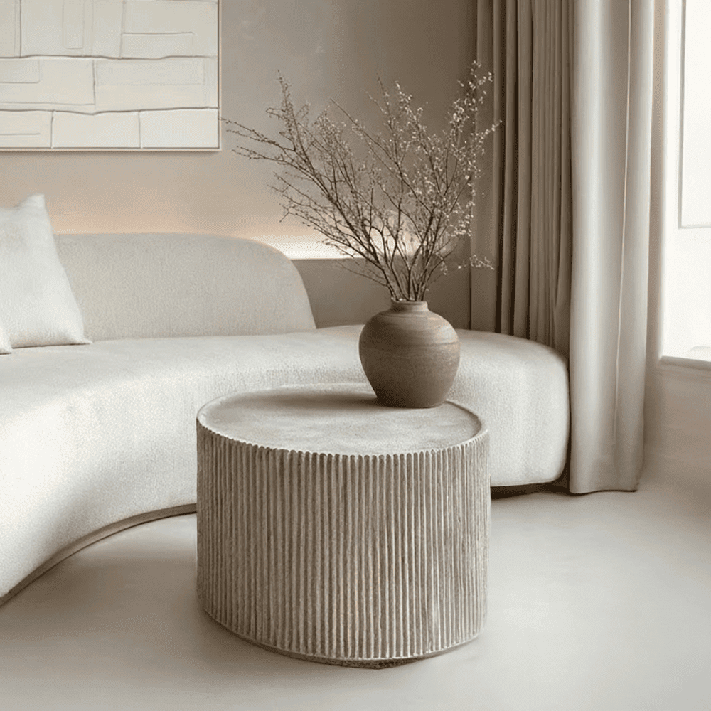 Mikono Natural Ribbed Stone Effect Round Coffee Table