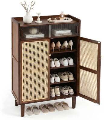 Costway 5-Tier Bamboo Shoe Cabinet with Woven Rattan Doors and Sliding Doors for Entryway-Walnut