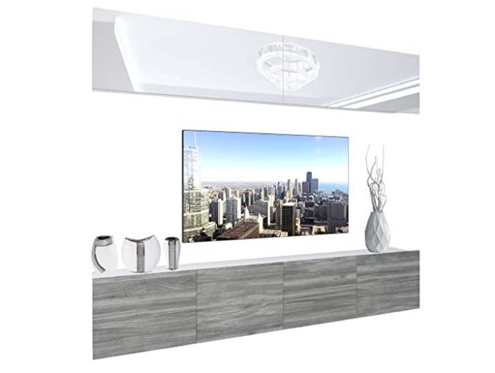 BELINI Wohnwand Schrankwand NEX 6 mit LED-Beleuchtung, Weiß/Glamourholz Vollausstattung Wohnzimmer-Set Moderne Schrankwand Anbauwand TV-Schrank