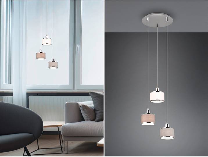 Trio Leuchten Pendelleuchte Kaprun 311630306, Metall Chrom, Schirm Stoff grau, e
