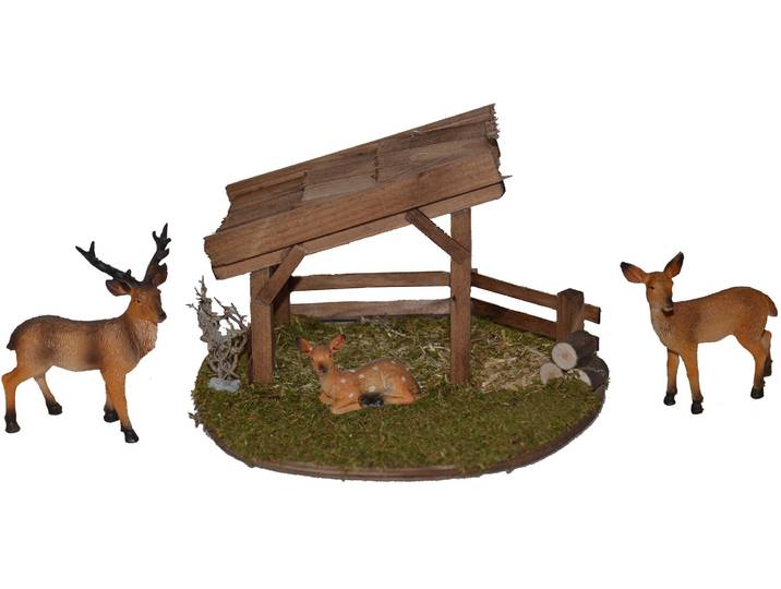 Krippen-Zubehör ALFRED KOLBE Weihnachtsdeko , beige (natur), Holzwerkstoff, Polyresin, Dekofiguren, Krippen-Zubehör, Unterstand mit Reh, Hirsch und Kitz