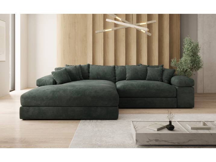 Designer Ecksofa Bernardo mit breiter Ottomane in Cord - Grün - Cord - Links - Luxusbetten24