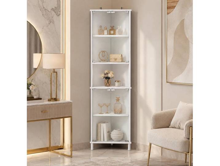 FUFU&GAGA Glasvitrine LED Sammlervitrine 175-200cm hoch, Push-to-Open, Weiß/Schwarz