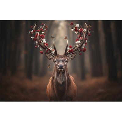 Bild BÖNNINGHOFF "Wandbild HIRSCH MIT BLUMEN 60x90 cm – Leinwandbild Keilrahmen Deko", braun (farbe bild(er): weiß, braun, gelb, rot, schwarz), B:90cm H:60cm T:1,8cm, Canvas, MDF, Bilder, Bild, auf Keilrahmen gespannt