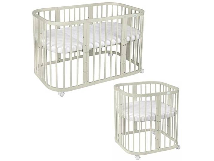 waldin Babybett 7in1, Matratze, Rollen, Regal, Olive Ohne Stoffset, Mitwachsend, Beistellbett aus Holz, Wiege optional