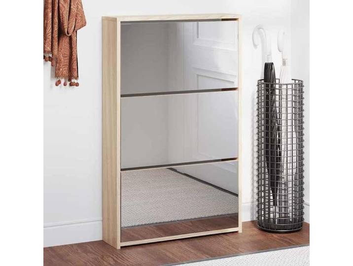 Moderne Meuble à chaussures 3 étagères Miroir - 63x17x102 5 cm - Chêne - Meuble d Entrée Couloir @FR 7275