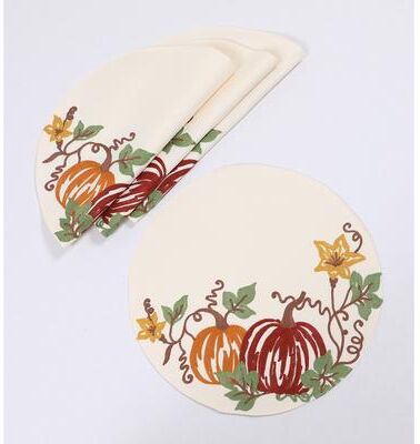 Manor Luxe "Happy Fall Pumpkins Crewel Embroidered Placemats 14""x20"", Set of 4"