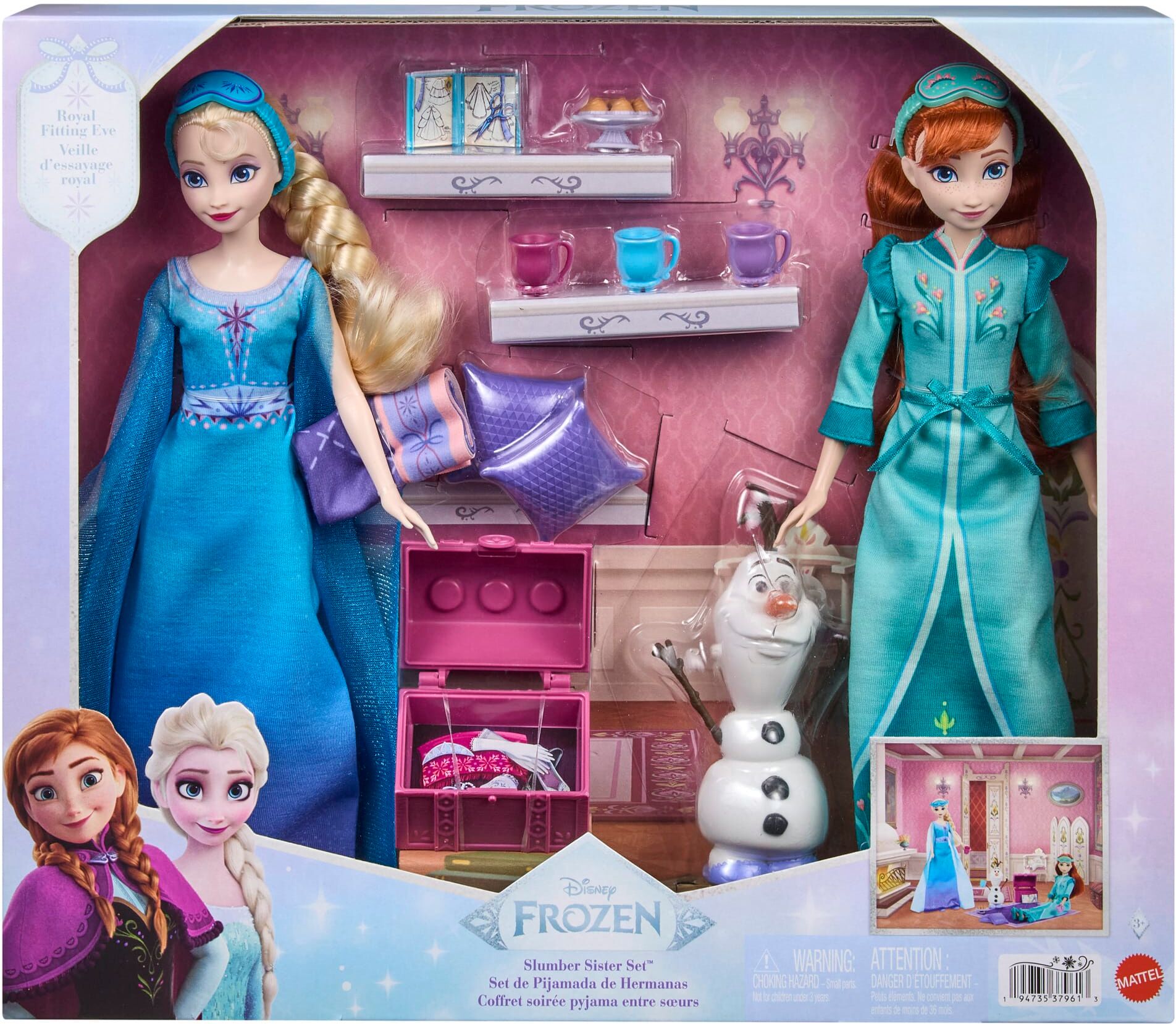 Mattel Disney Frozen Anna ; Elsa Slumber Sister Doll Set with Olaf - Includes 2 Fashion Dolls, Olaf, and 14 Storytelling Accessories - Ages 3 and Up