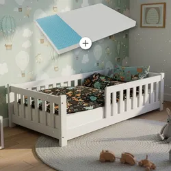 Juskys Kinderbett Naya 80x160 cm - Bett mit Matratze, Rausfallschutz & Lattenrost - Bodenbett Weiß