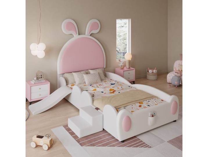 Lit enfant avec toboggan - Design oreilles de lapin - Toboggan et escalier intégrés - Dimensions 90x200 cm