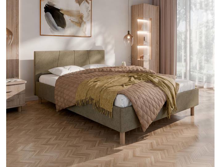 ALMORE Polsterbett – minimalistisches Design, Holzbett auf Füßen Federkernmatratze