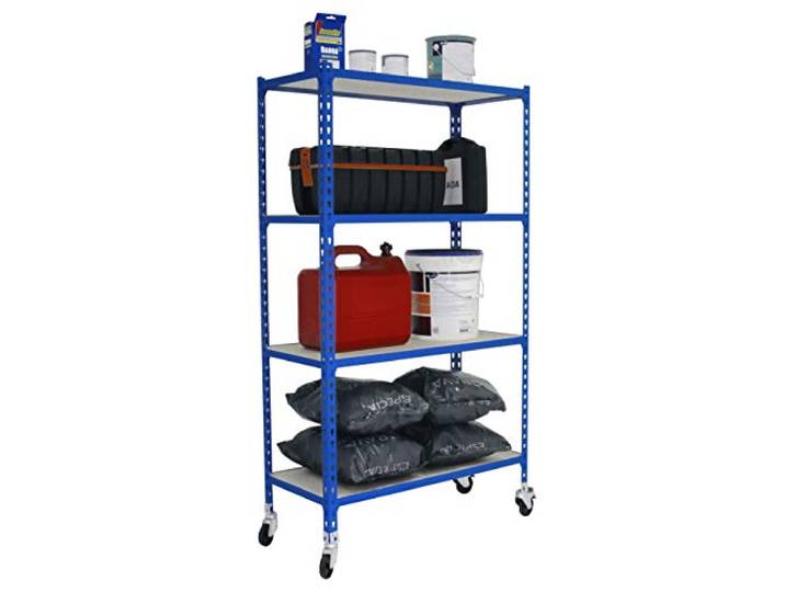 Simon Rack Metallregal mit Rollen 1575x1100x400 mm - Maderclick 4 Höhen, Holzablage, Biegepunkt 75 kg, Korrosionsschutzlackierung, Klicksystem-Montage, Blau