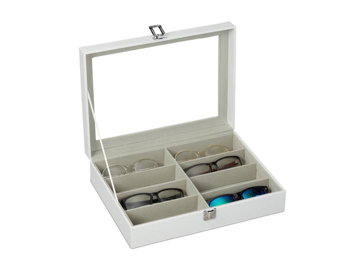Brillenbox für 8 Brillen Weiss-Transparent-Grau