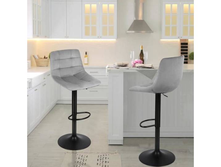 Tabouret de Bar - PEACHES - Lot de 2 - Velours Gris Clair - Réglable en Hauteur - Design Contemporain
