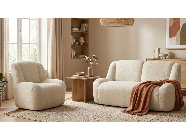 Polstergarnitur DOMO COLLECTION Ryos, Sessel und 2-Sitzer, organische Form , beige (creme), H:82cm T:93cm, 100% Polyester, Sitzmöbel-Sets, Polstergarnitur, skulpturale Opik, cozy chic