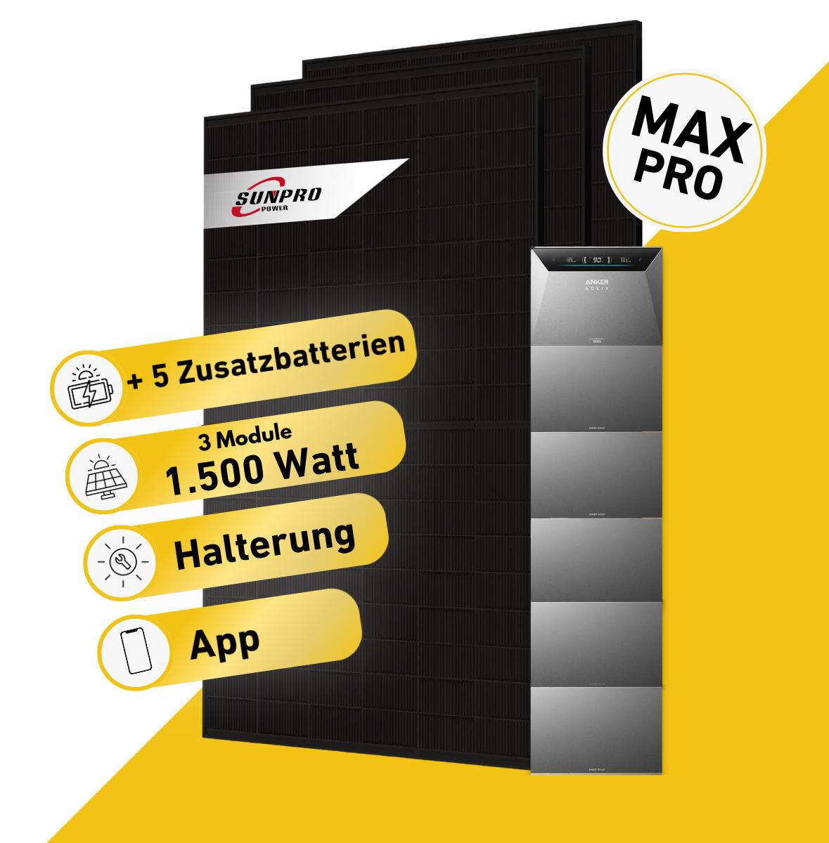 Balkonstrom Balkonkraftwerk 1500W mit Speicher | 5xZusatzspeicher | Fassadenhalterung 90 Grad | 3xSolarmodul Bifazial | Anker Solix 4 Pro |Kabel 3m