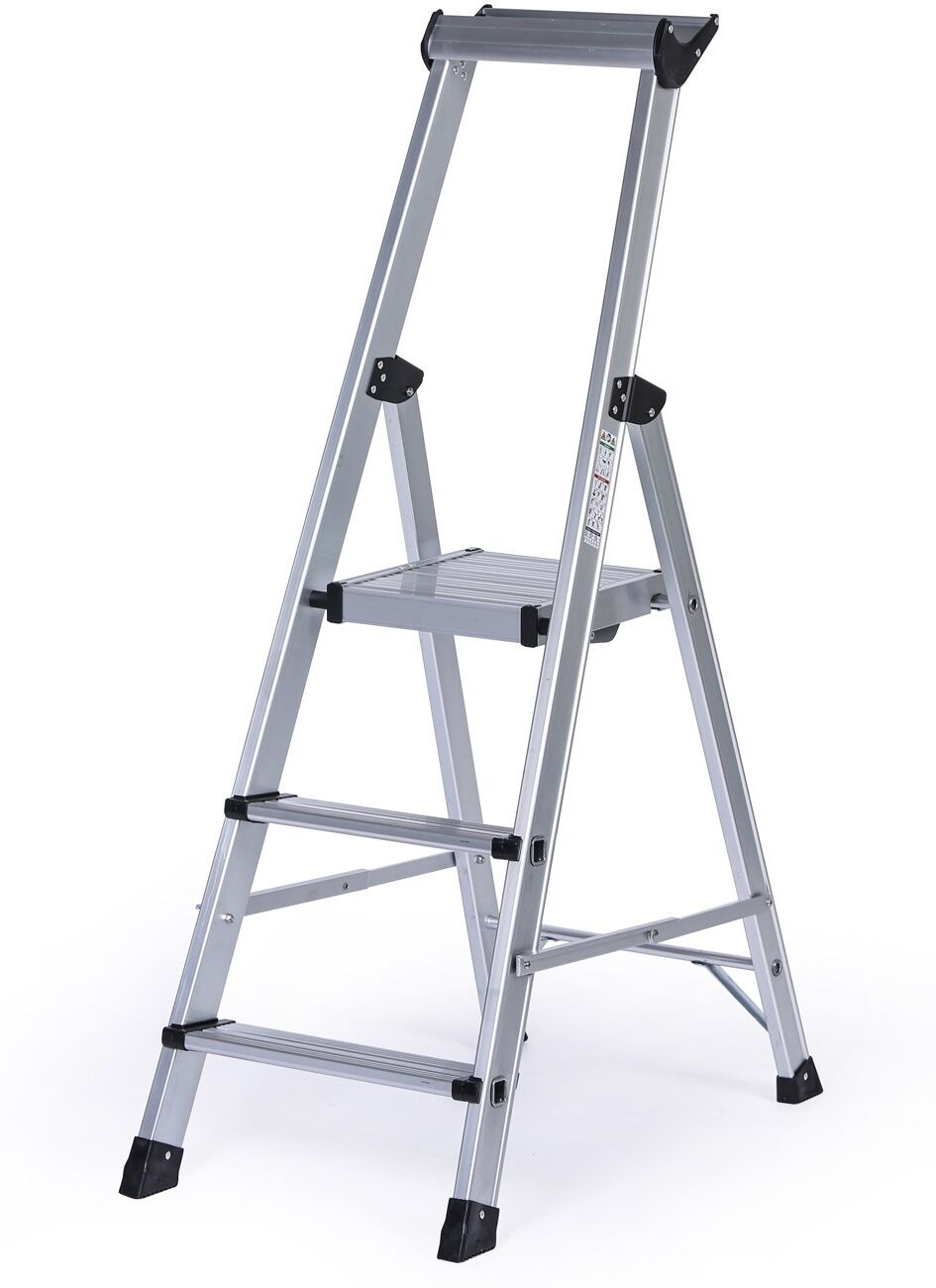 B2B Partner Einseitige Aluminiumtreppe PROFI mit Ablage, 1x3 Stufen, Höhe 0,68 m