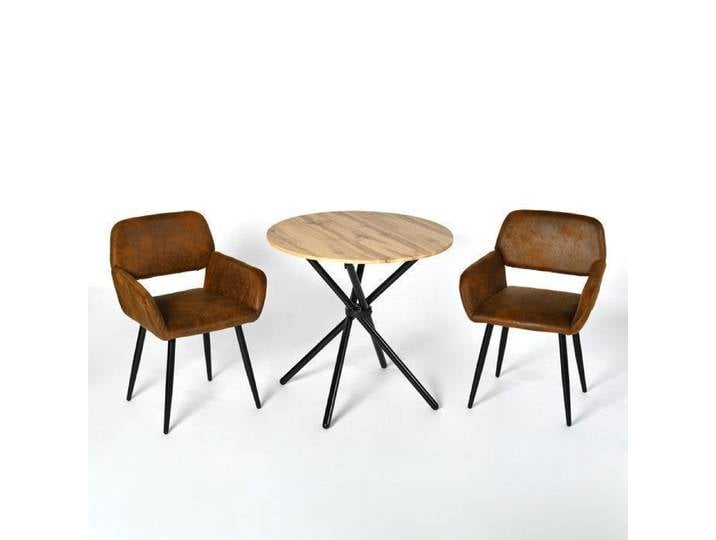URBAN MEUBLE Ensemble Table Vintage Bois Ronde – 2 Chaises Cuir Simulé Usé Design Rustique Cuisine Salon