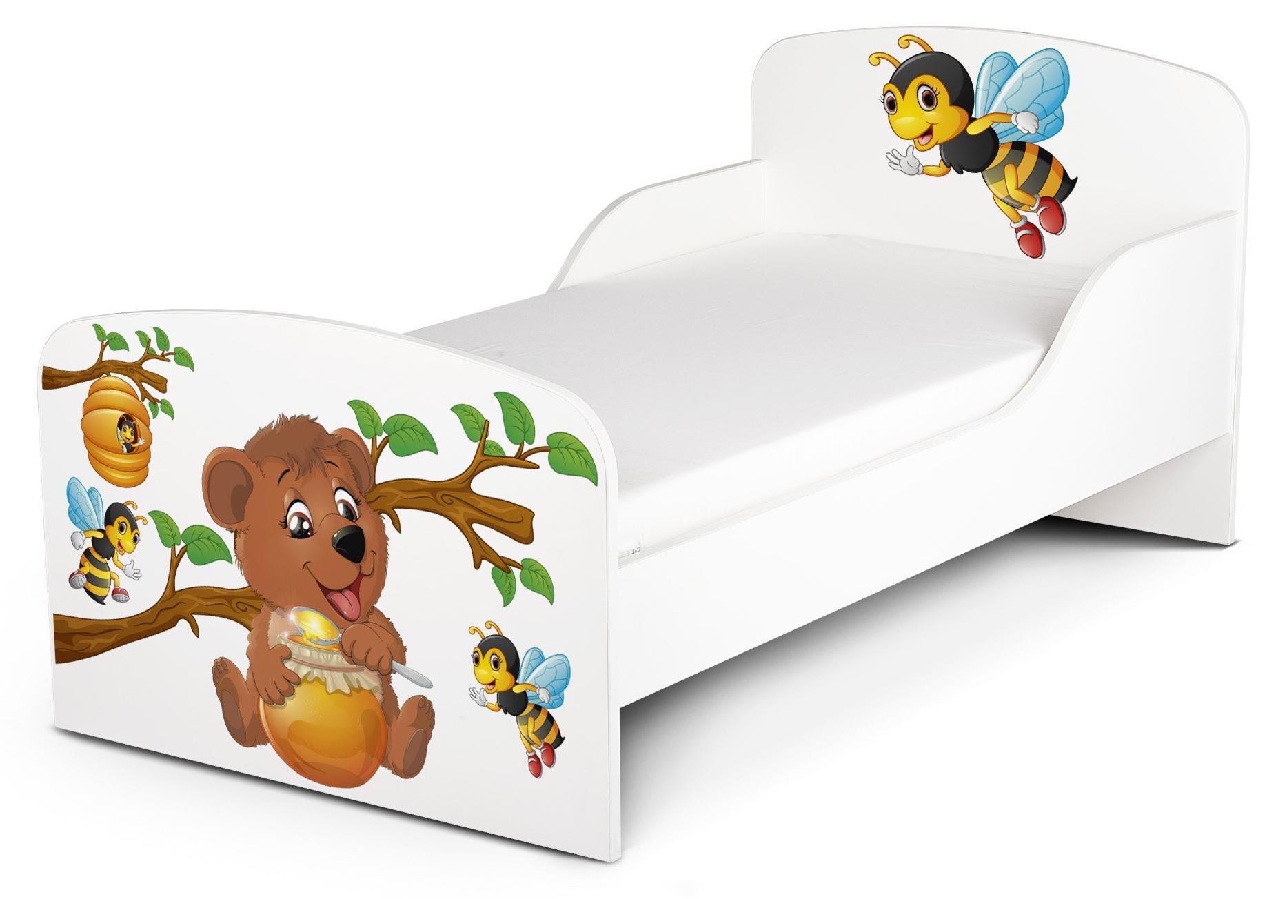 Modernes weißes Holzkinderbett mit Matratze 140x70 cm - UV-Druck (Teddybären und Bienen) - Komplettset