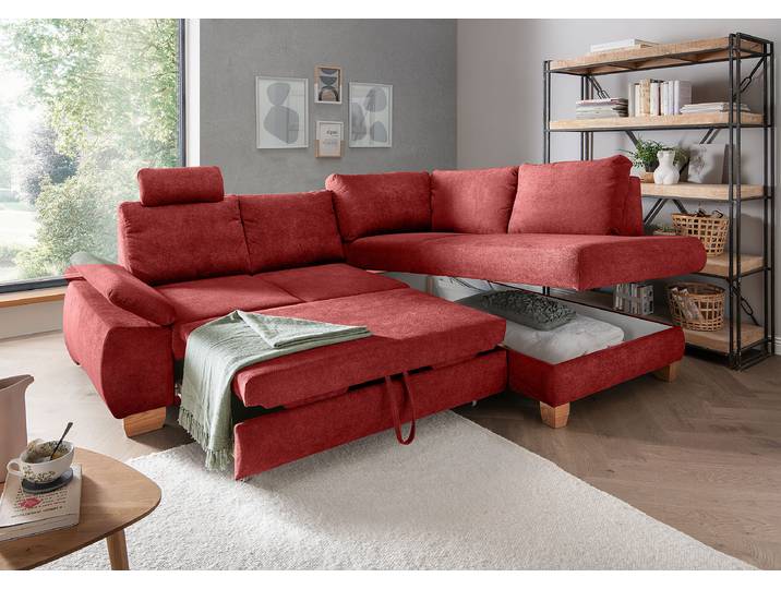 Ecksofa mit Schlaffunktion Rot Webstoff Jimin 265 x 109 x 206cm Ottomane davorstehend rechts mit Schlaffunktion Modern