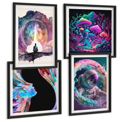 BILDER SET 4er Set - 50x50 cm & 40x60 cm Schwarzer Rahmen - Farbenfrohe Fantasy-Kunstillustrationen