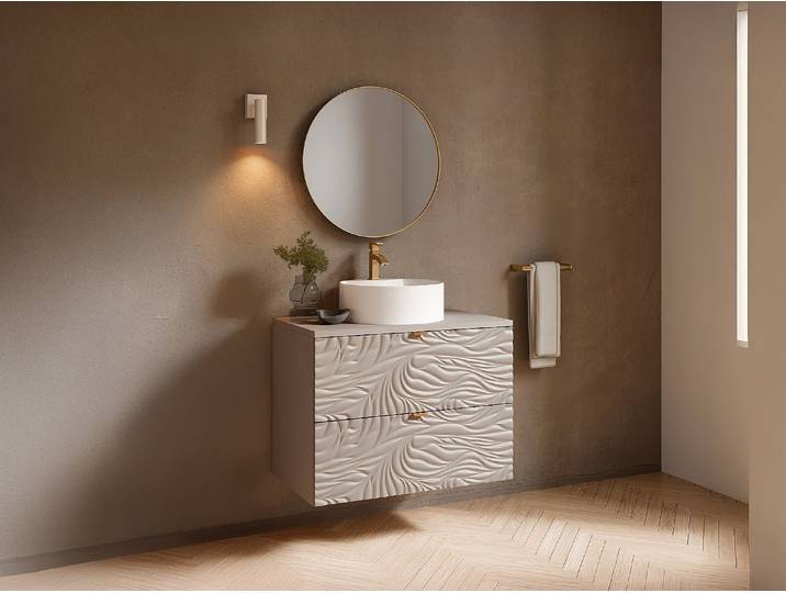Badezimmermöbel hängend strukturiert mit Aufsatzwaschbecken rund - Beige - 80 cm - RINAREL