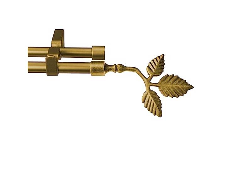 Garesa Gardinenstange Sheet Ø 16mm, 2-läufig, Gold, matt I Stabile Vorhangstange ohne Ringe I Offener Träger mit Endkopf Blatt I Auch für mittelschwere Vorhänge I 280cm