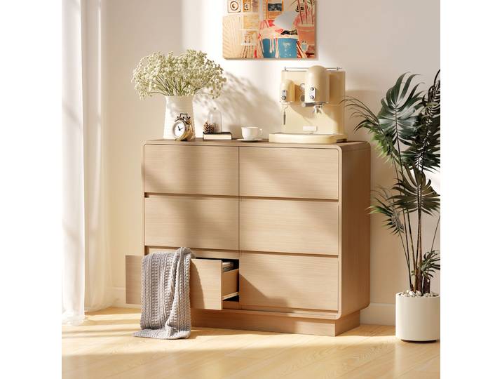 HOMCOM Buffet 100cm 6 Tiroirs Bois Naturel Cuisine/Salon