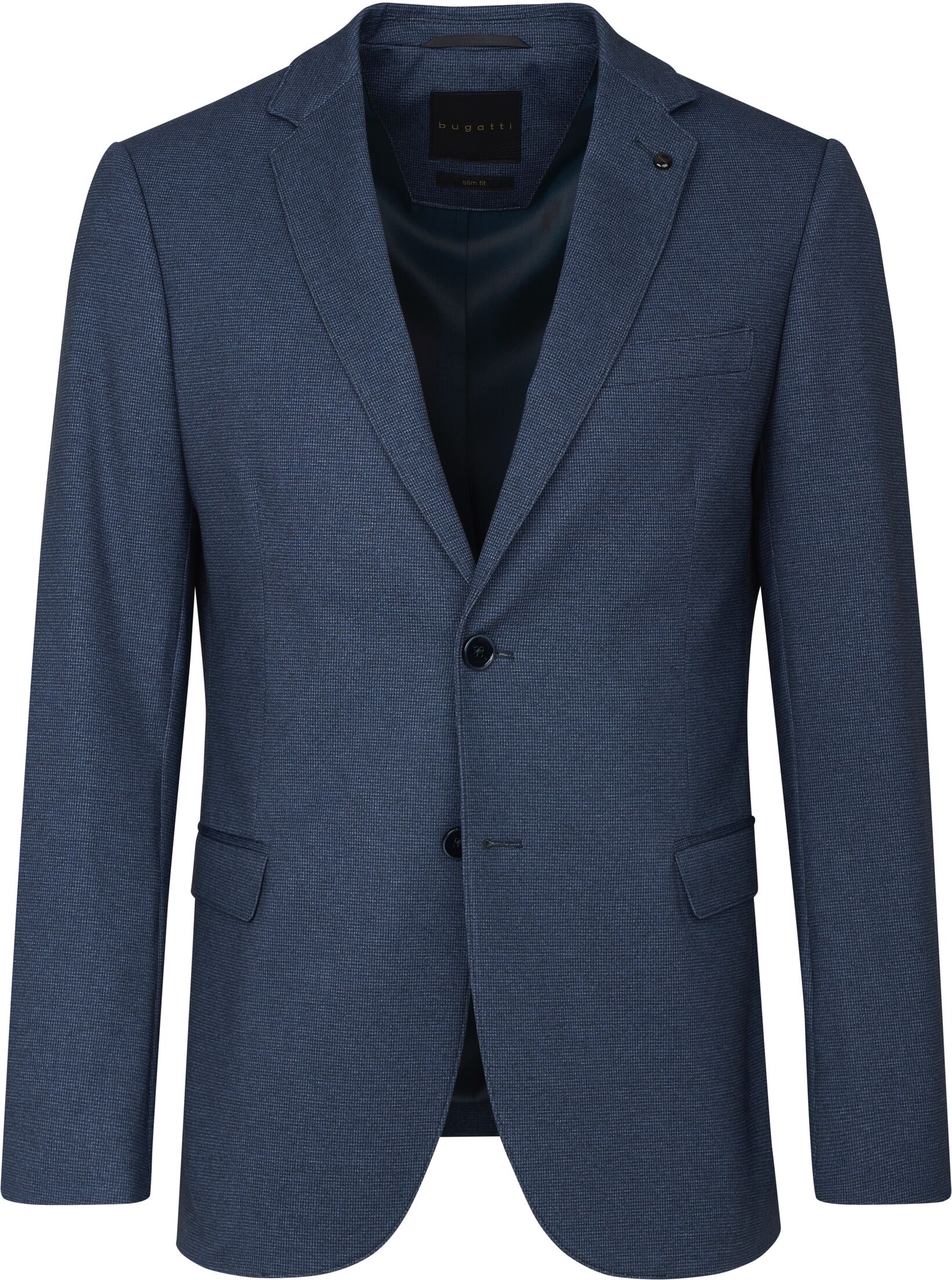 Sakko BUGATTI, Herren, Gr. 58, blau (dunkelblau), 65% Polyester, 30% Viskose, 5% Elasthan, slim fit, Manschette, Sakkos Sakko, mit moderner Passform dunkelblau 58
