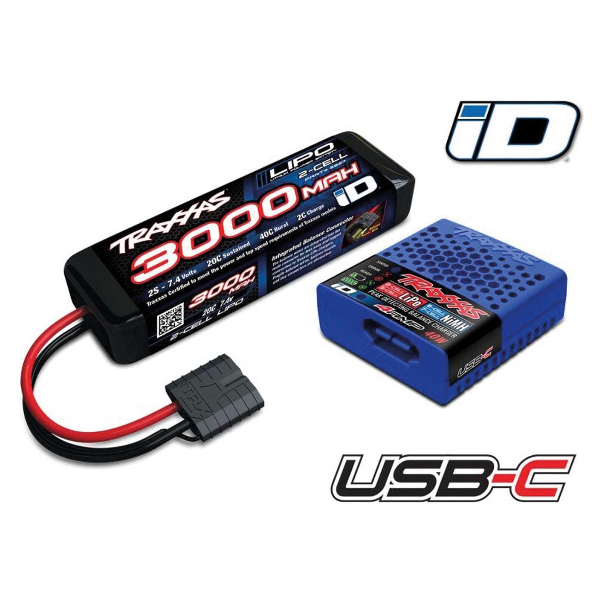 Traxxas USB-C 4A Lader + LiPo 3000mAh 2s 7,4V Set mit iD-Akkuerkennung (3000 mAh, 7.40 V) (TRX2985-2S)