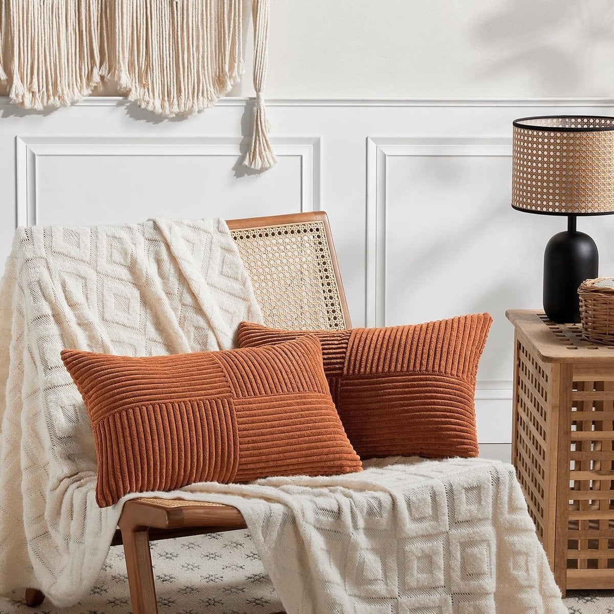 Set van 2 Boho Kussenhoezen Karamel met Gekruiste Strepen - 30 x 50 cm