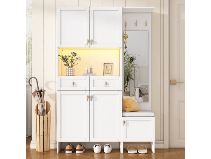 Ensemble de meubles de couloir PINGGO avec banc à chaussures, armoire, 1 miroir, 2 tiroirs, 3 crochets, 5 portes, blanc, 120x180x33.5cm