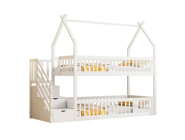 Lit Superposé Enfant-Bois Blanc 90x200cm-Toit-Échelle Sécurité-Tiroirs Rangement-Sans Matelas