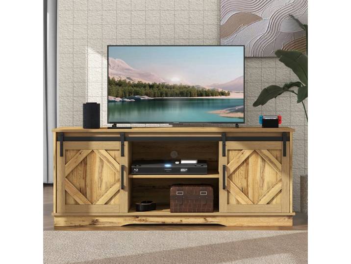Meuble TV brun style farmhouse avec portes coulissantes et étagères réglables