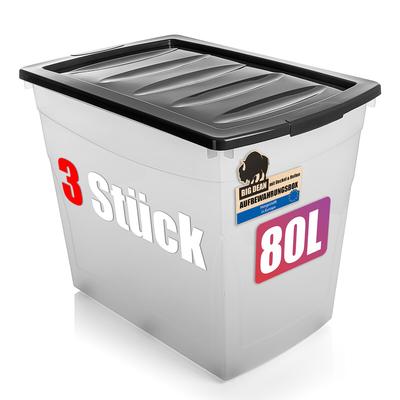 BigDean 3x 80 L Aufbewahrungsbox mit Deckel und Rollen groß Budget Line Plastikbox mit Deckel XXL